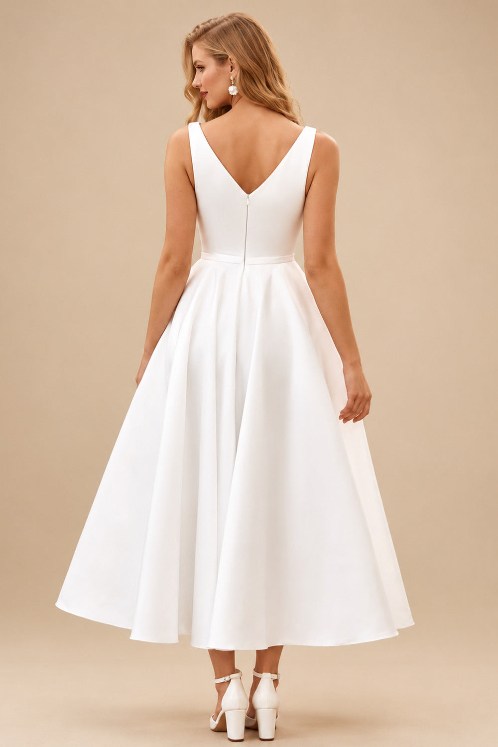 Rutipo Ivory Classic A-Line V-Neck Tea-Length Wedding Dress with Pockets