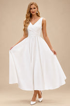 Rutipo Ivory Classic A-Line V-Neck Tea-Length Wedding Dress with Pockets