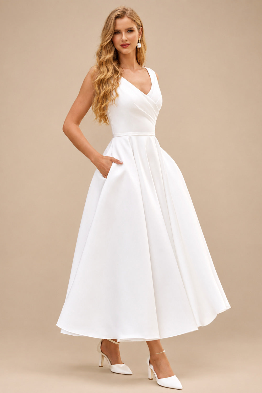 Rutipo Ivory Classic A-Line V-Neck Tea-Length Wedding Dress with Pockets