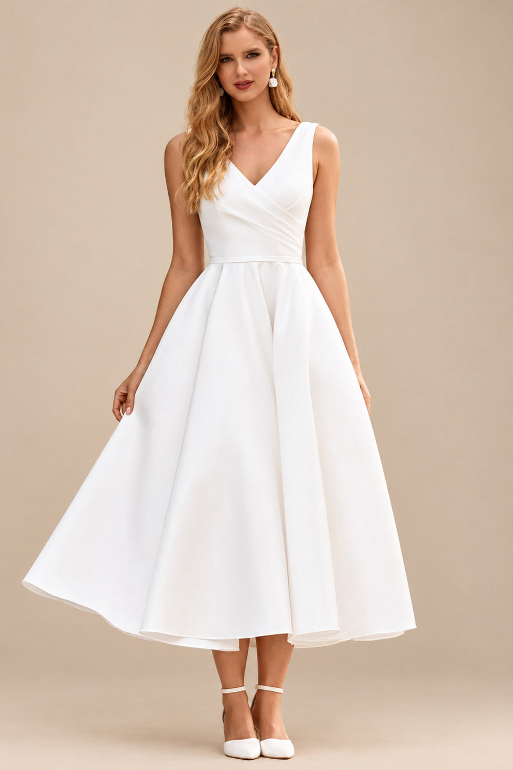 Rutipo Ivory Classic A-Line V-Neck Tea-Length Wedding Dress with Pockets