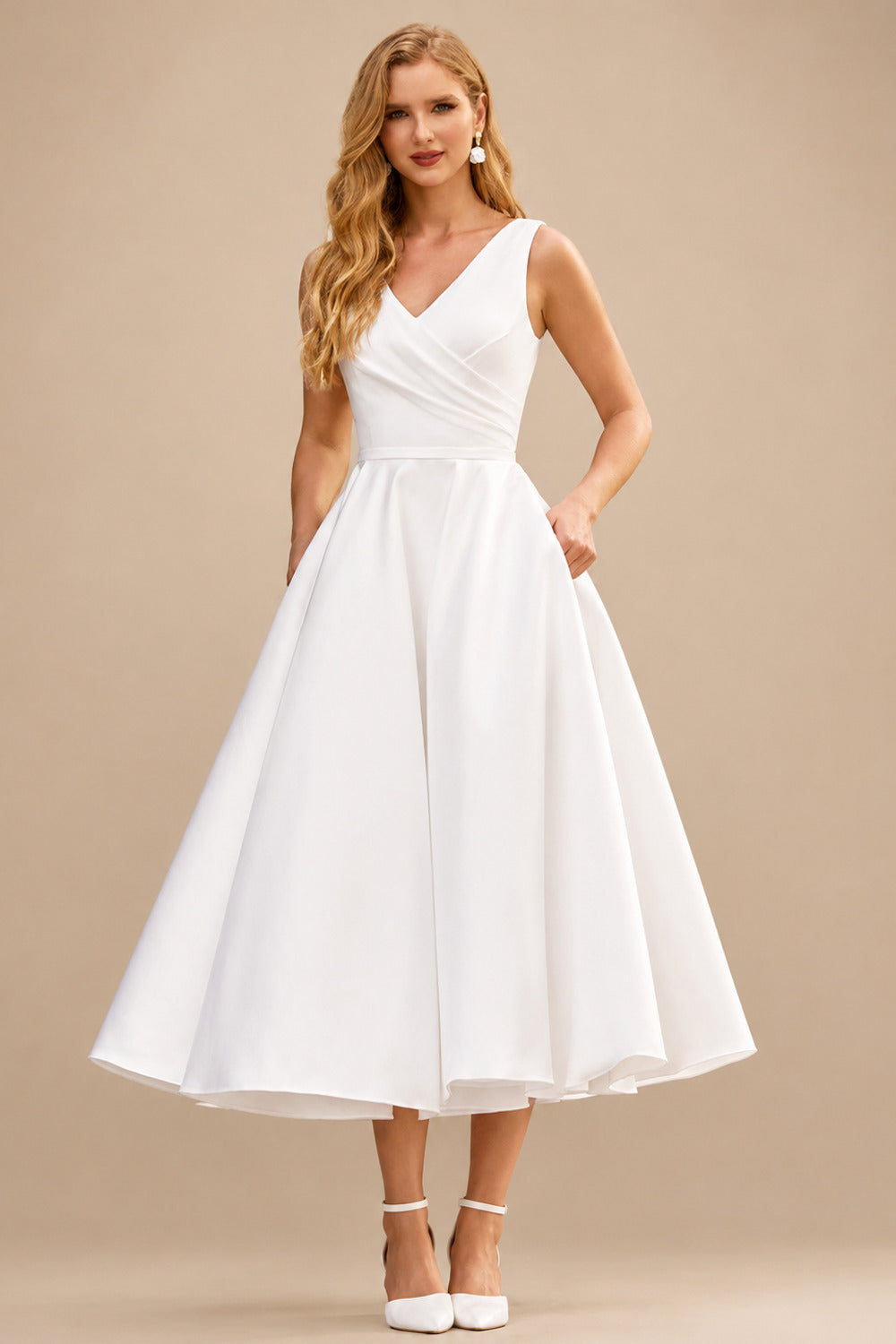 Rutipo Ivory Classic A-Line V-Neck Tea-Length Wedding Dress with Pockets