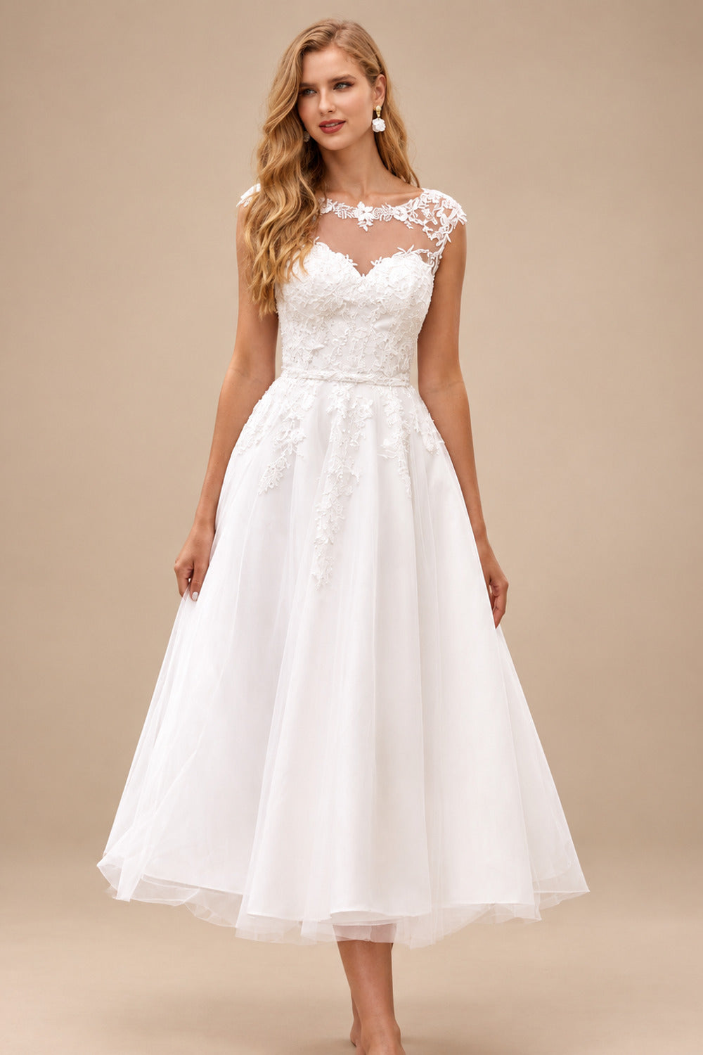 Rutipo Ivory Charming A-line Illusion Neck Tea Length Wedding Dress with Lace Sequins Waistband