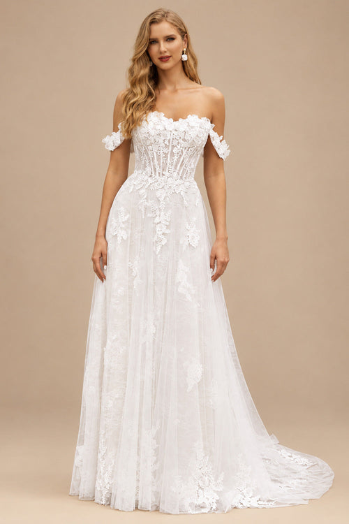 Rutipo Ivory/Champagne A-line 3D Lace Floral Applique Off-the-Shoulder Wedding Dress with Court Train Skirt
