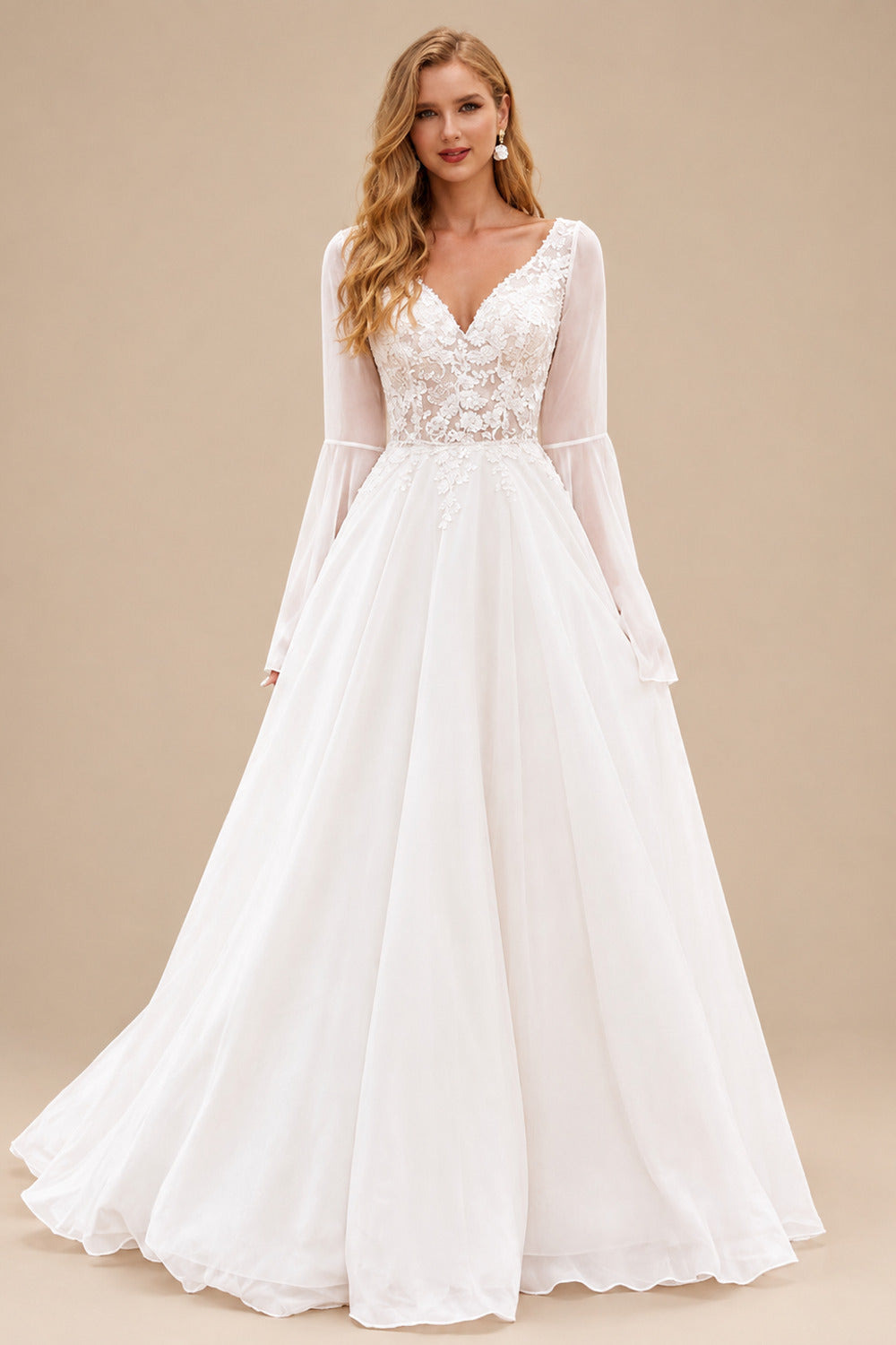 Rutipo Ivory Boho A-line V Neck Chiffon Sweep Train Wedding Dress with Sheer Bell Sleeves Floral Applique Bodice
