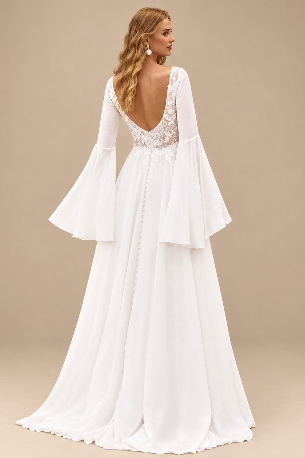 Rutipo Ivory Boho A-line V Neck Chiffon Sweep Train Wedding Dress with Sheer Bell Sleeves Floral Applique Bodice