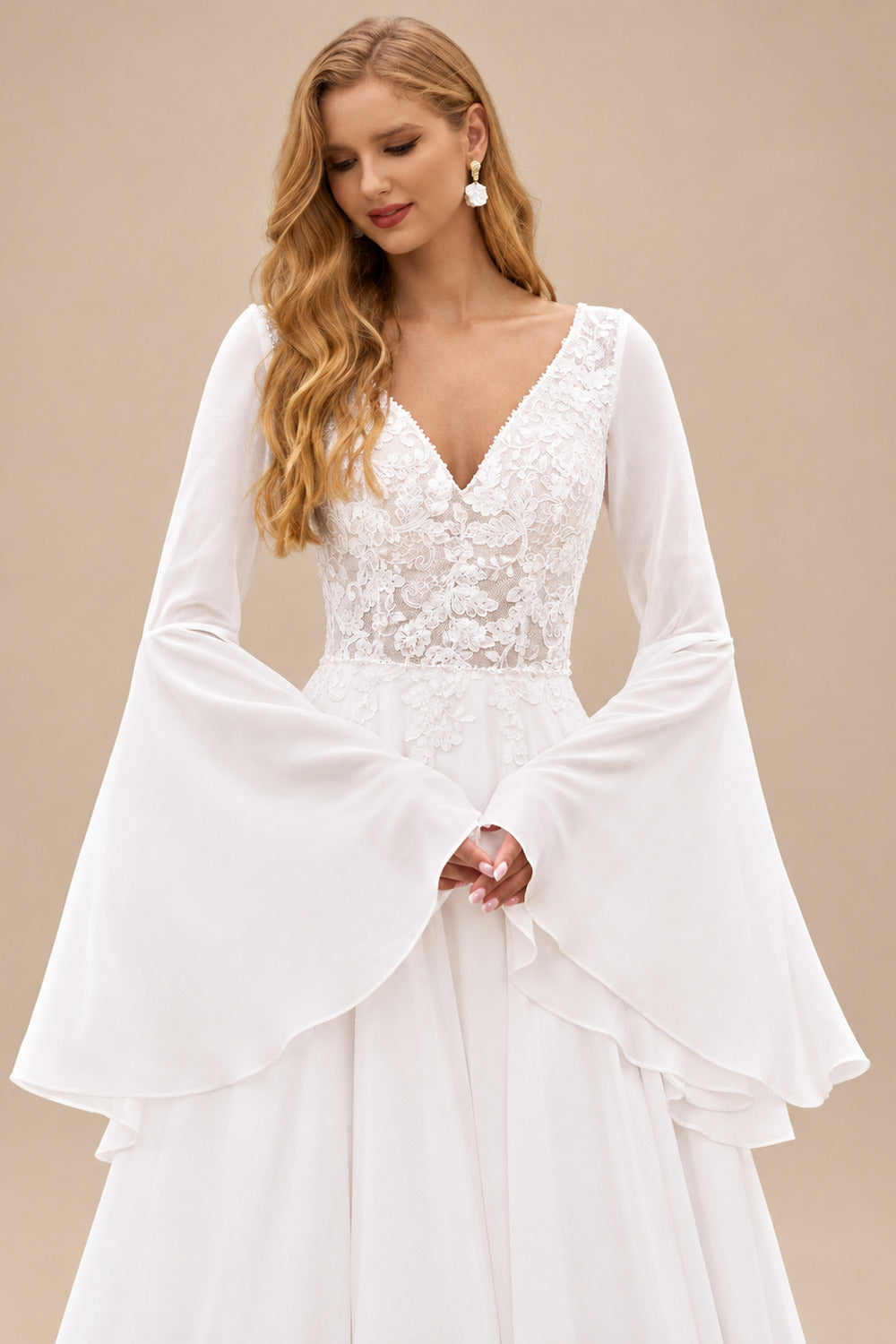 Rutipo Ivory Boho A-line V Neck Chiffon Sweep Train Wedding Dress with Sheer Bell Sleeves Floral Applique Bodice