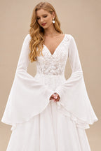 Rutipo Ivory Boho A-line V Neck Chiffon Sweep Train Wedding Dress with Sheer Bell Sleeves Floral Applique Bodice