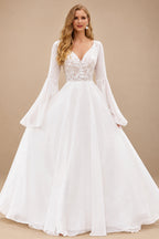 Rutipo Ivory Boho A-line V Neck Chiffon Sweep Train Wedding Dress with Sheer Bell Sleeves Floral Applique Bodice