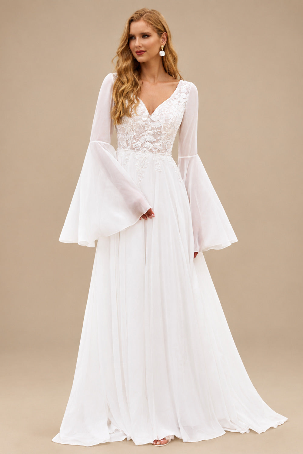 Rutipo Ivory Boho A-line V Neck Chiffon Sweep Train Wedding Dress with Sheer Bell Sleeves Floral Applique Bodice