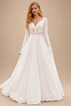 Rutipo Ivory Boho A-line V Neck Chiffon Sweep Train Wedding Dress with Sheer Bell Sleeves Floral Applique Bodice