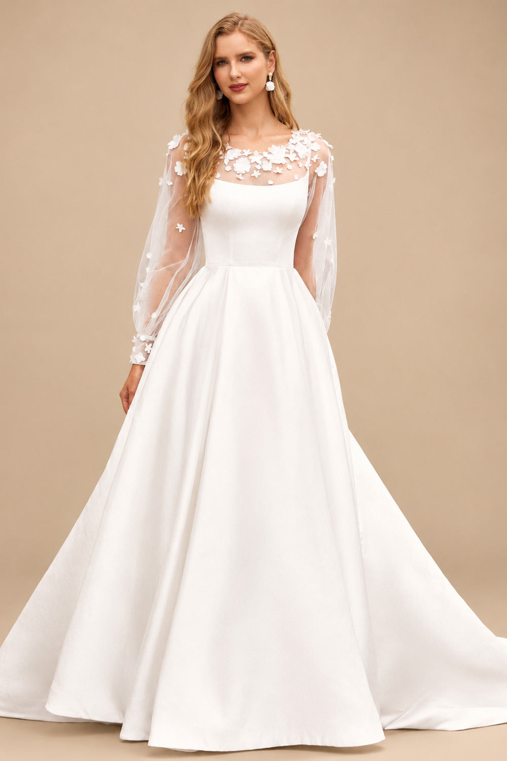 Rutipo Ivory Elegant 3D Floral Puff Sleeve Satin Chapel Train Wedding Dress with Pleated