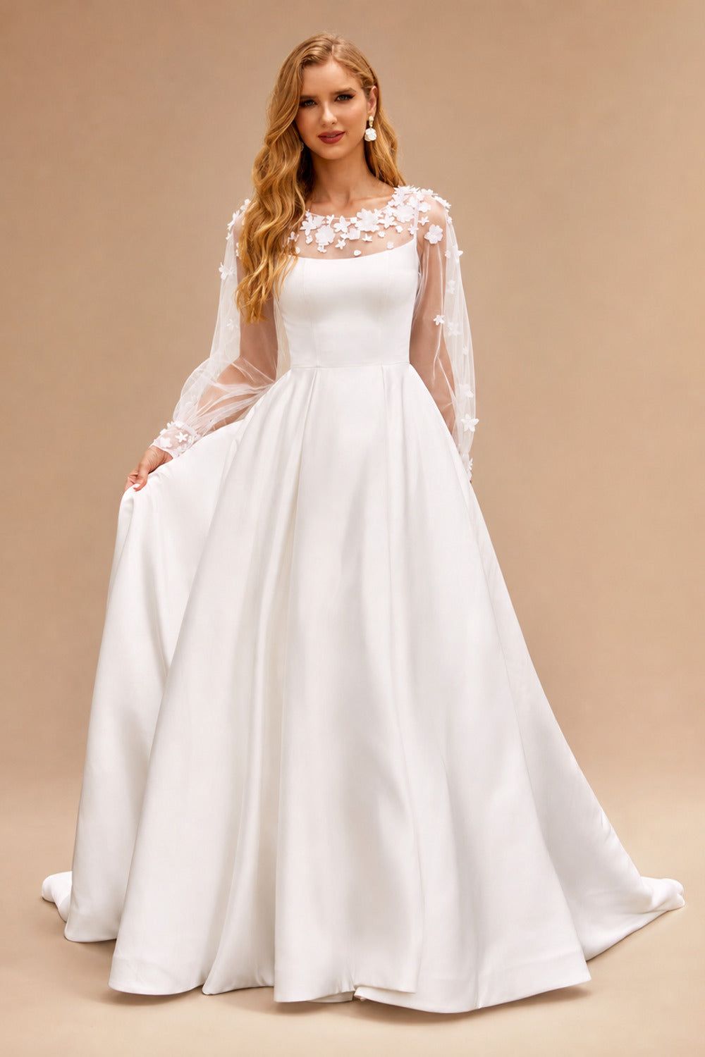 Rutipo Ivory Elegant 3D Floral Puff Sleeve Satin Chapel Train Wedding Dress with Pleated