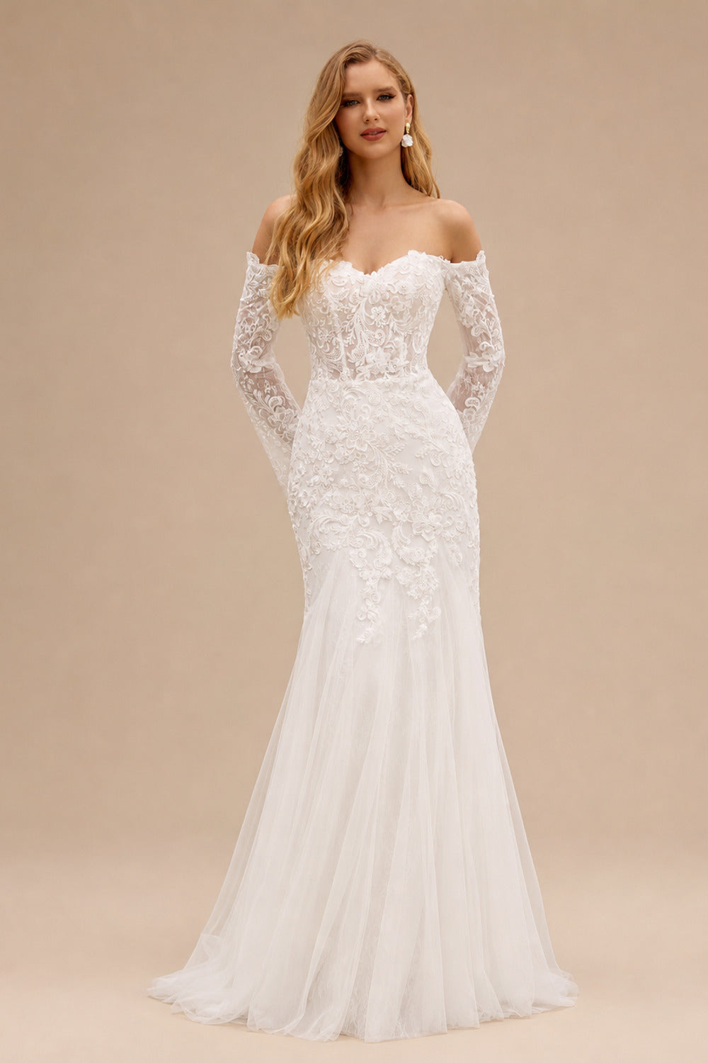 Rutipo Ivory Delicate Off-the-Shoulder Lace Sheer Corset Wedding Dress