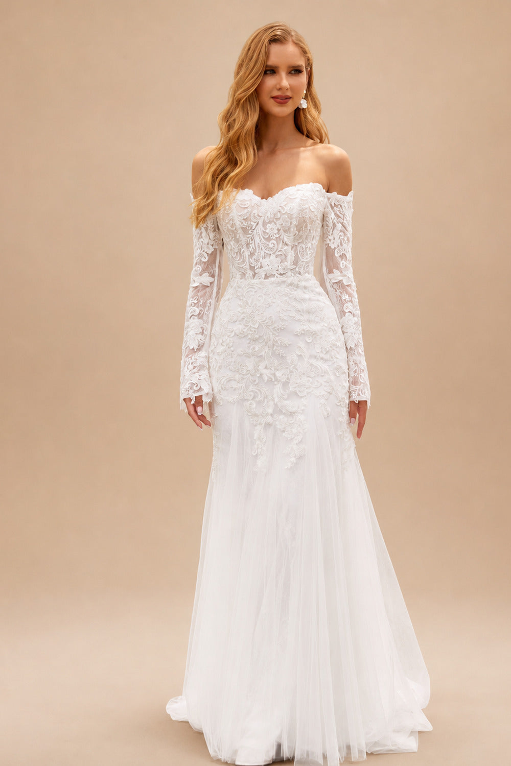 Rutipo Ivory Delicate Off-the-Shoulder Lace Sheer Corset Wedding Dress