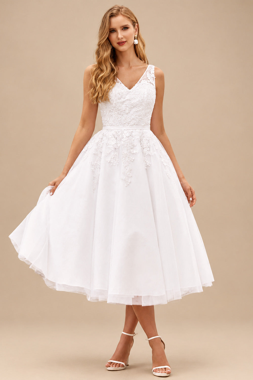 Rutipo White Chic Sleeveless Tulle Tea-Length Wedding Dress with Floral Lace