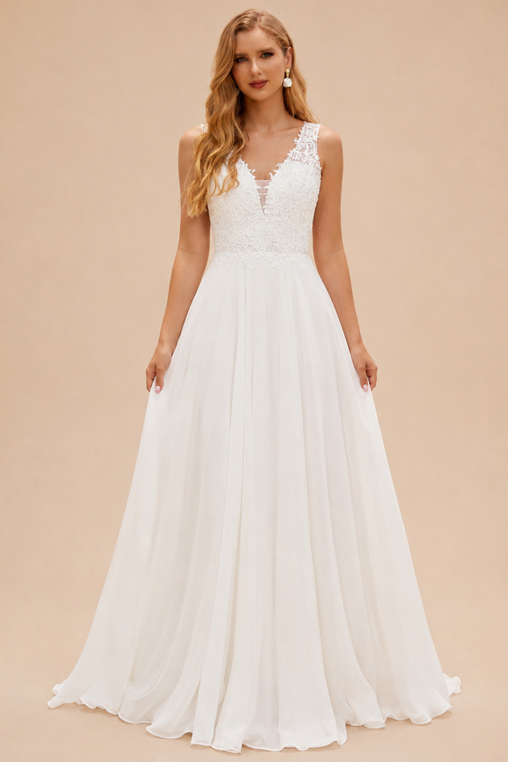 Rutipo Ivory A-line Chiffon Lace Illusion Bodice Wedding Dress with Keyhole Back