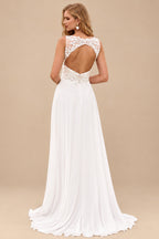 Rutipo Ivory A-line Chiffon Lace Illusion Bodice Wedding Dress with Keyhole Back