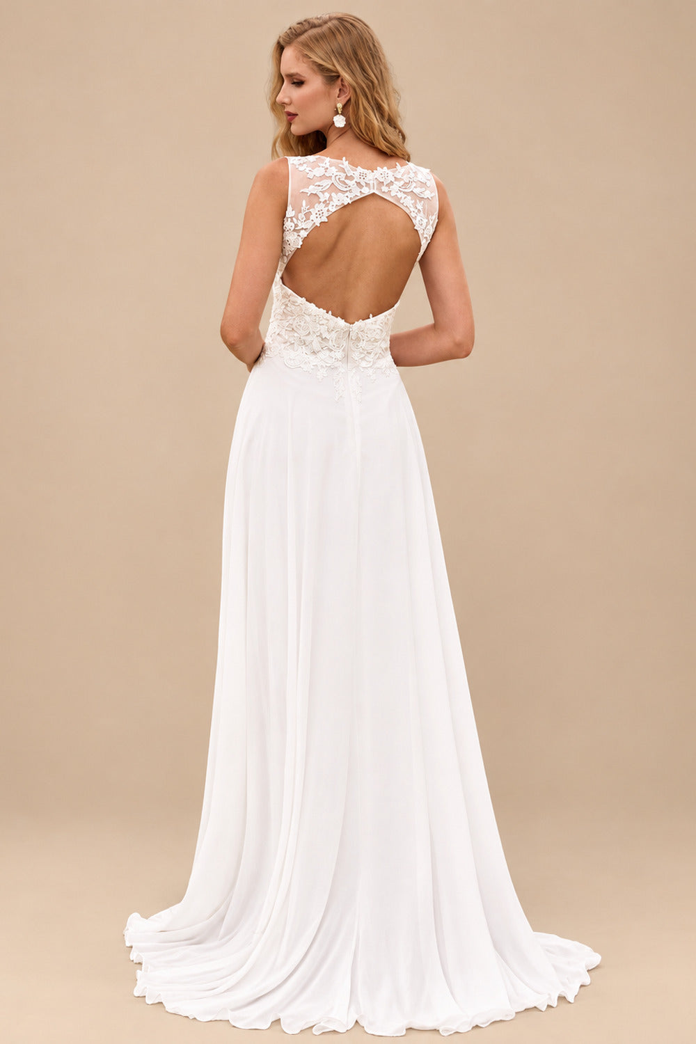 Rutipo Ivory A-line Chiffon Lace Illusion Bodice Wedding Dress with Keyhole Back