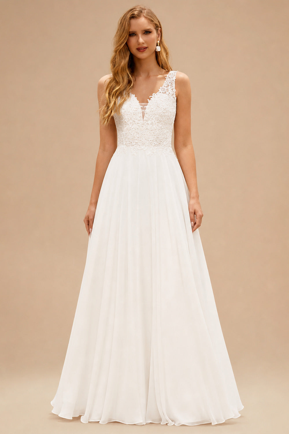 Rutipo Ivory A-line Chiffon Lace Illusion Bodice Wedding Dress with Keyhole Back
