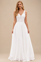 Rutipo Ivory A-line Chiffon Lace Illusion Bodice Wedding Dress with Keyhole Back