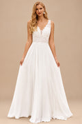Rutipo Ivory A-line Chiffon Lace Illusion Bodice Wedding Dress with Keyhole Back