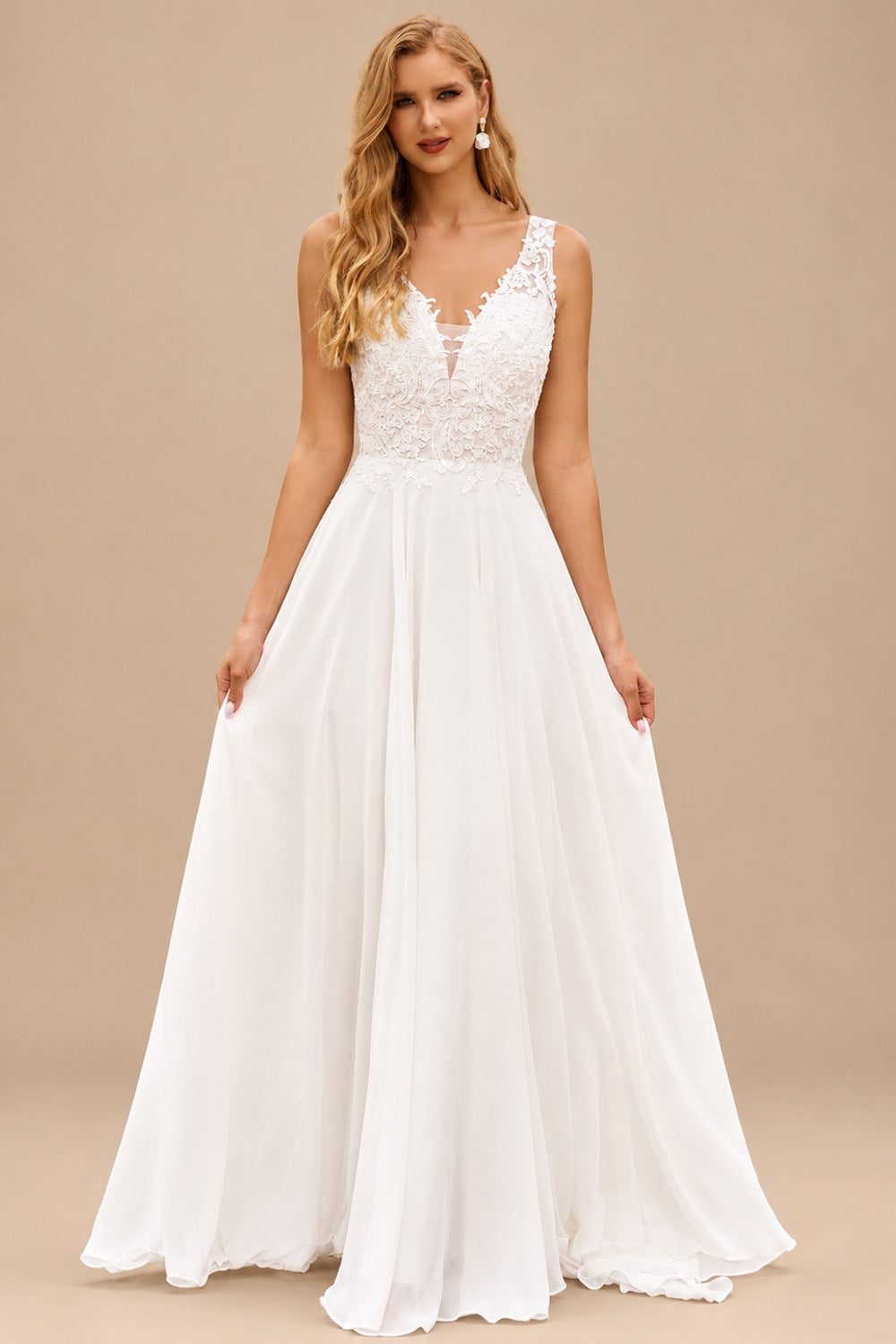 Rutipo Ivory A-line Chiffon Lace Illusion Bodice Wedding Dress with Keyhole Back