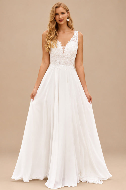 Rutipo Ivory A-line Chiffon Lace Illusion Bodice Wedding Dress with Keyhole Back