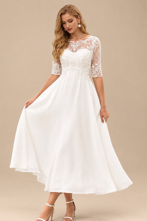 Rutipo Ivory A-line Bateau Half Sleeve Tea-Length Chiffon Wedding Dress with Lace