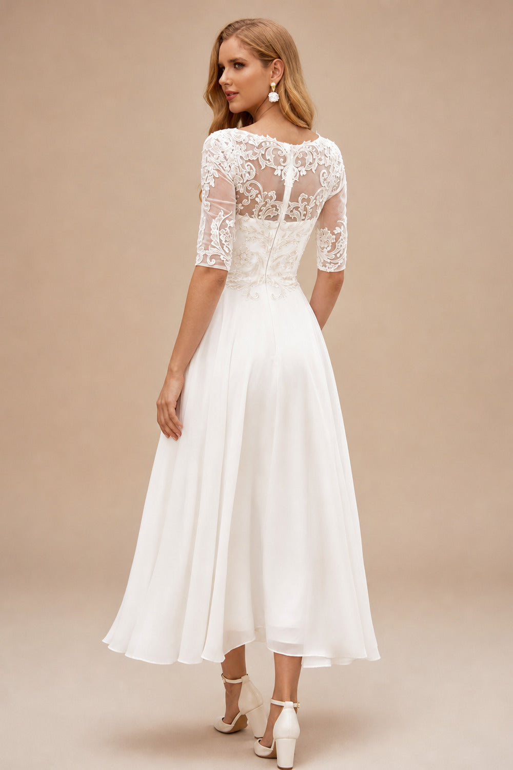 Rutipo Ivory A-line Bateau Half Sleeve Tea-Length Chiffon Wedding Dress with Lace
