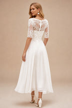 Rutipo Ivory A-line Bateau Half Sleeve Tea-Length Chiffon Wedding Dress with Lace