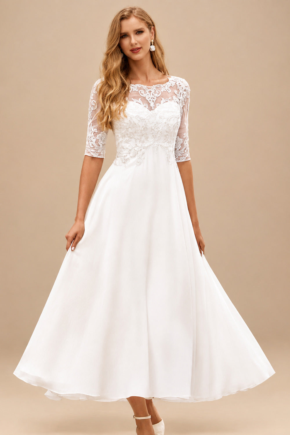 Rutipo Ivory A-line Bateau Half Sleeve Tea-Length Chiffon Wedding Dress with Lace