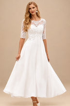 Rutipo Ivory A-line Bateau Half Sleeve Tea-Length Chiffon Wedding Dress with Lace
