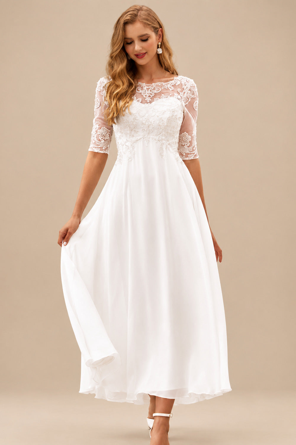 Rutipo Ivory A-line Bateau Half Sleeve Tea-Length Chiffon Wedding Dress with Lace