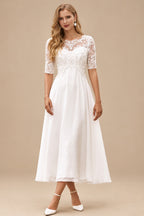 Rutipo Ivory A-line Bateau Half Sleeve Tea-Length Chiffon Wedding Dress with Lace
