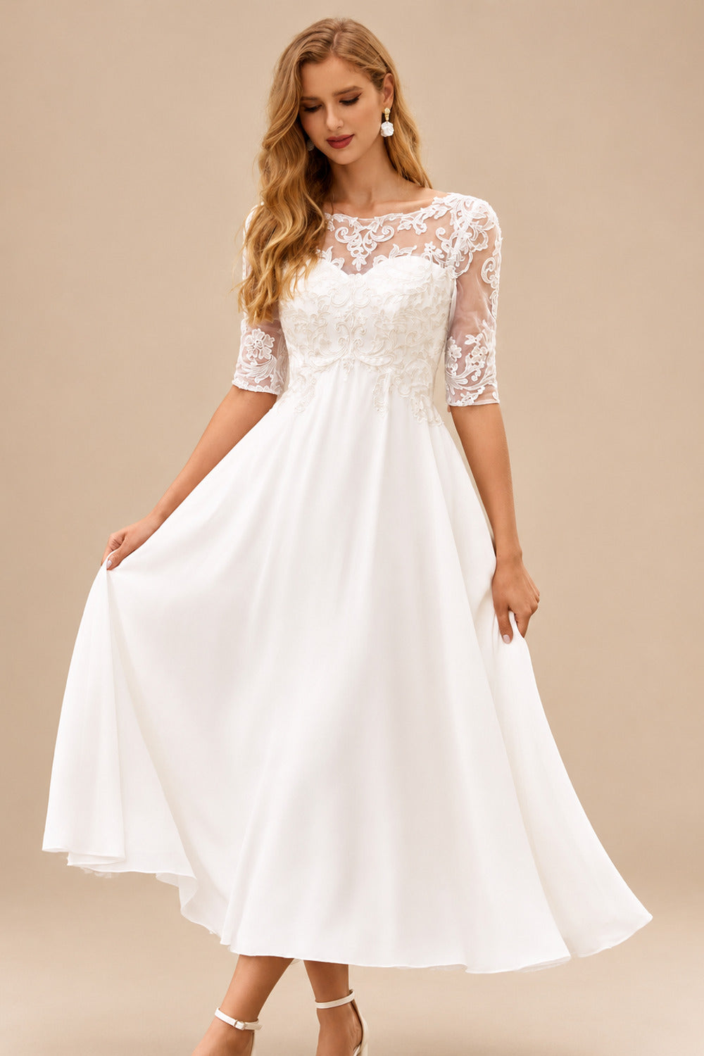 Rutipo Ivory A-line Bateau Half Sleeve Tea-Length Chiffon Wedding Dress with Lace