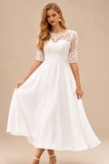 Rutipo Ivory A-line Bateau Half Sleeve Tea-Length Chiffon Wedding Dress with Lace