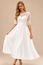 Rutipo Ivory A-line Bateau Half Sleeve Tea-Length Chiffon Wedding Dress with Lace