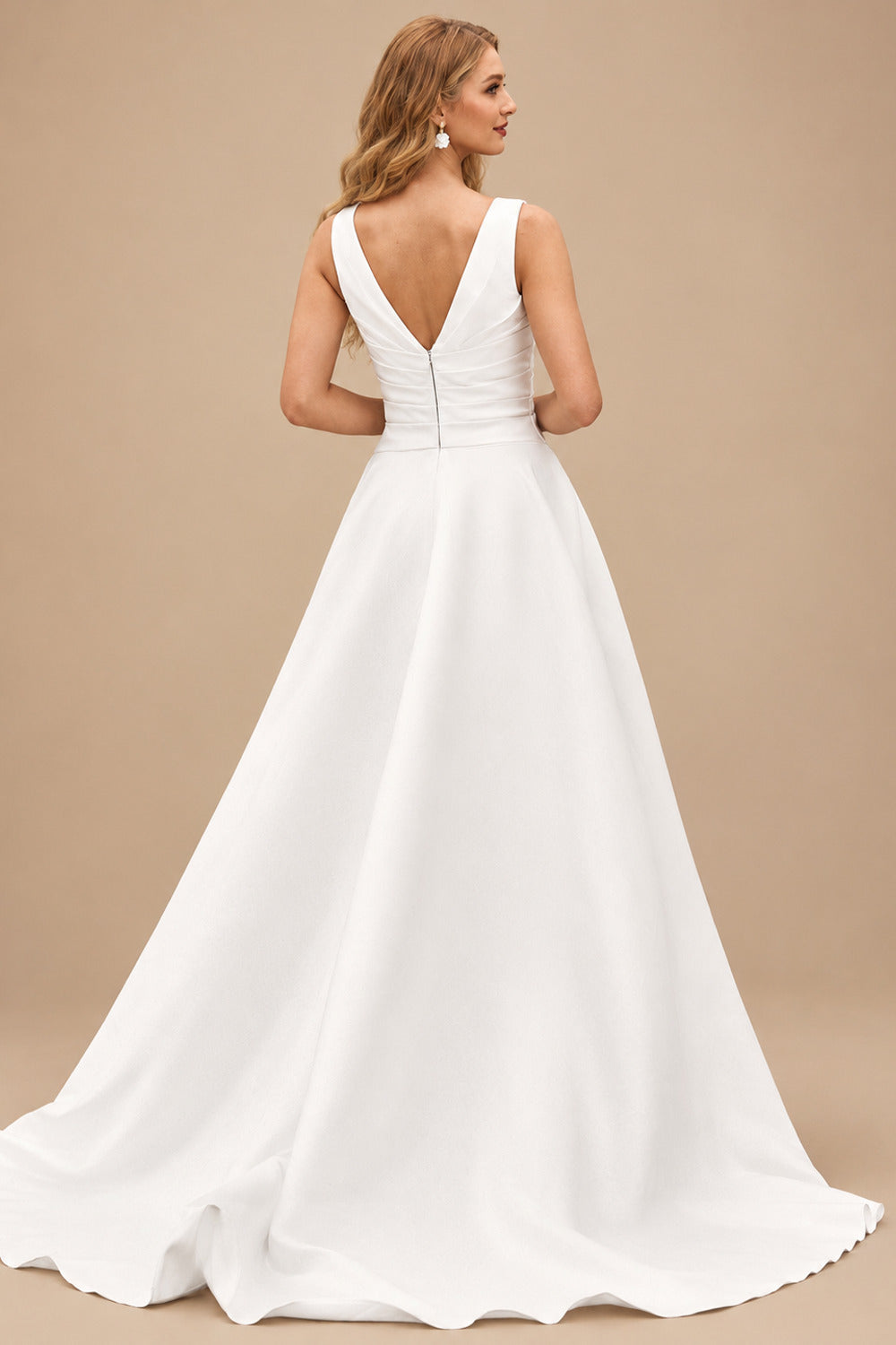 Rutipo Ivory Classic A-line V Neck Satin Court Train Wedding Dress with Pleated