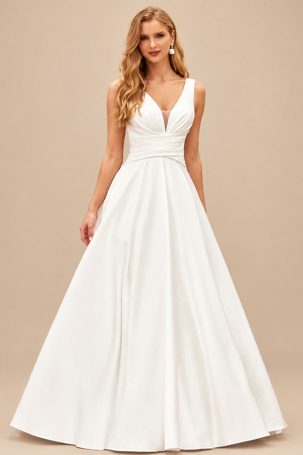 Rutipo Ivory Classic A-line V Neck Satin Court Train Wedding Dress with Pleated