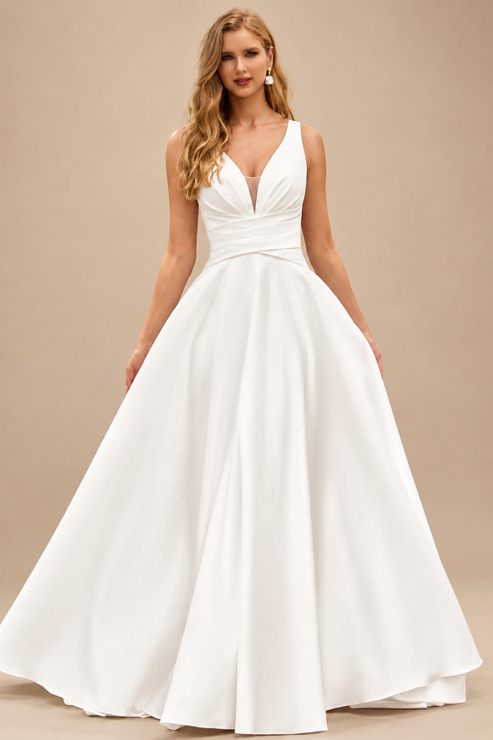 Rutipo Ivory Classic A-line V Neck Satin Court Train Wedding Dress with Pleated