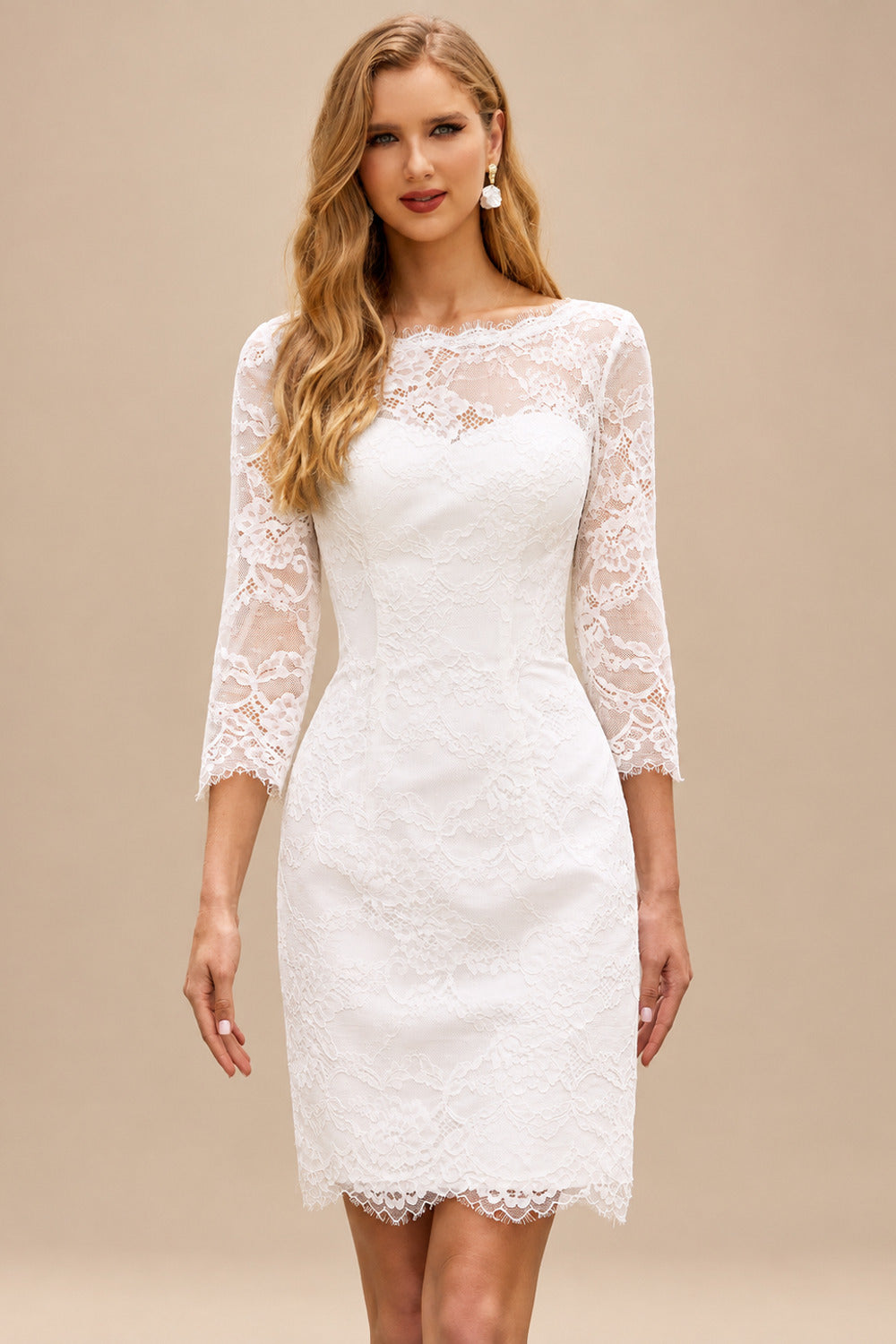 Rutipo Ivory Exquisite Bateau Lace 3/4 Sleeves Sheath Short Reception Wedding Dress