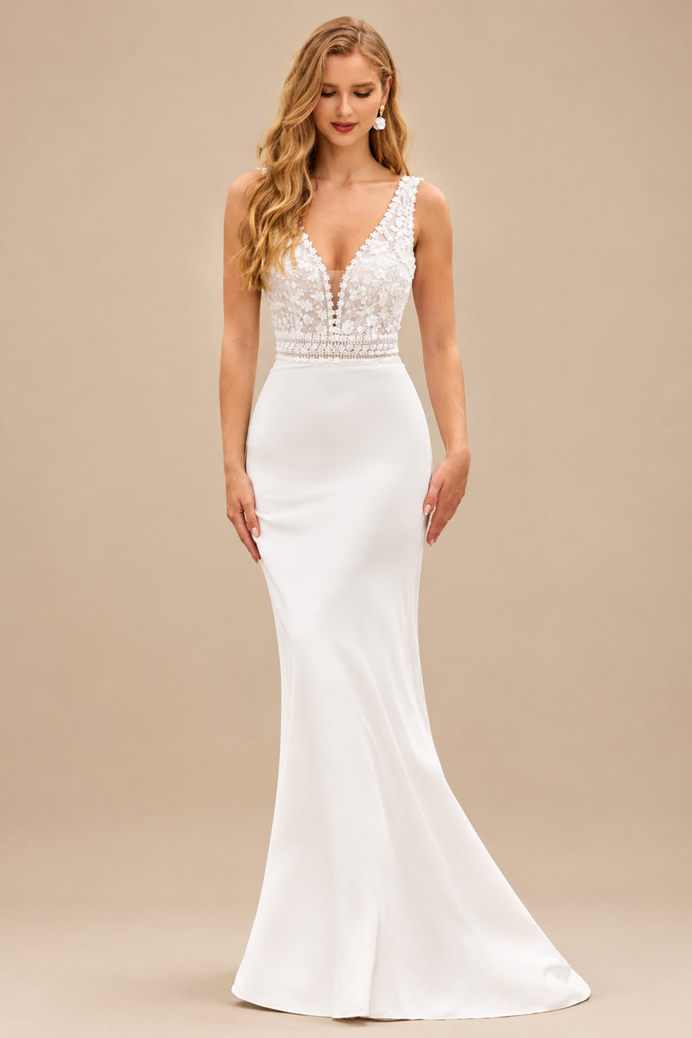Rutipo Ivory Chic Sheath V-Neck Bodice Wedding Dress with Lace Keyhole Back
