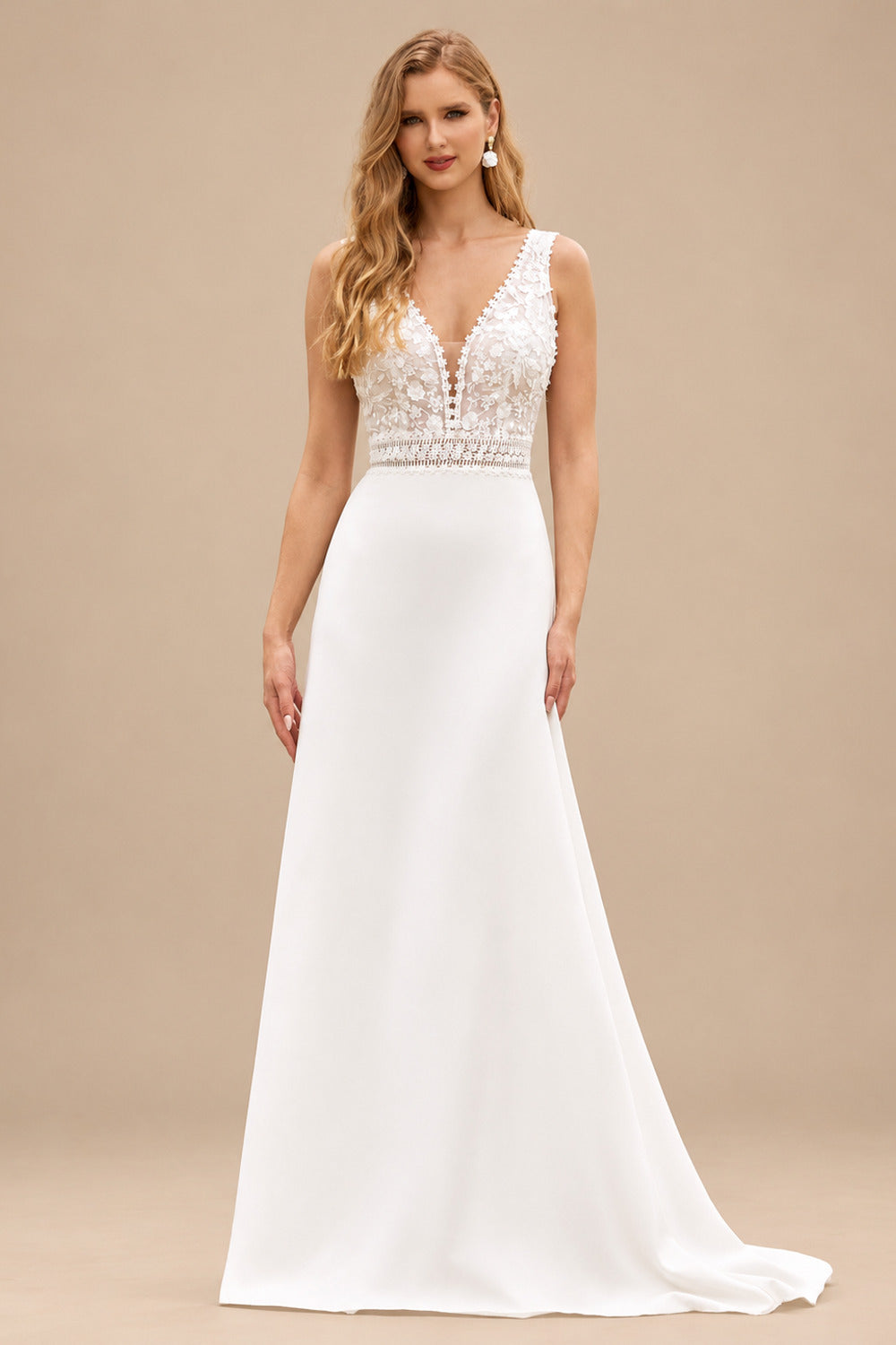 Rutipo Ivory Chic Sheath V-Neck Bodice Wedding Dress with Lace Keyhole Back