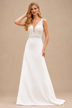 Rutipo Ivory Chic Sheath V-Neck Bodice Wedding Dress with Lace Keyhole Back