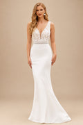 Rutipo Ivory Chic Sheath V-Neck Bodice Wedding Dress with Lace Keyhole Back