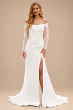 Rutipo Ivory Elegant Off-the-Shoulder Stretch Crepe Long Sleeve Wedding Dress with Slit