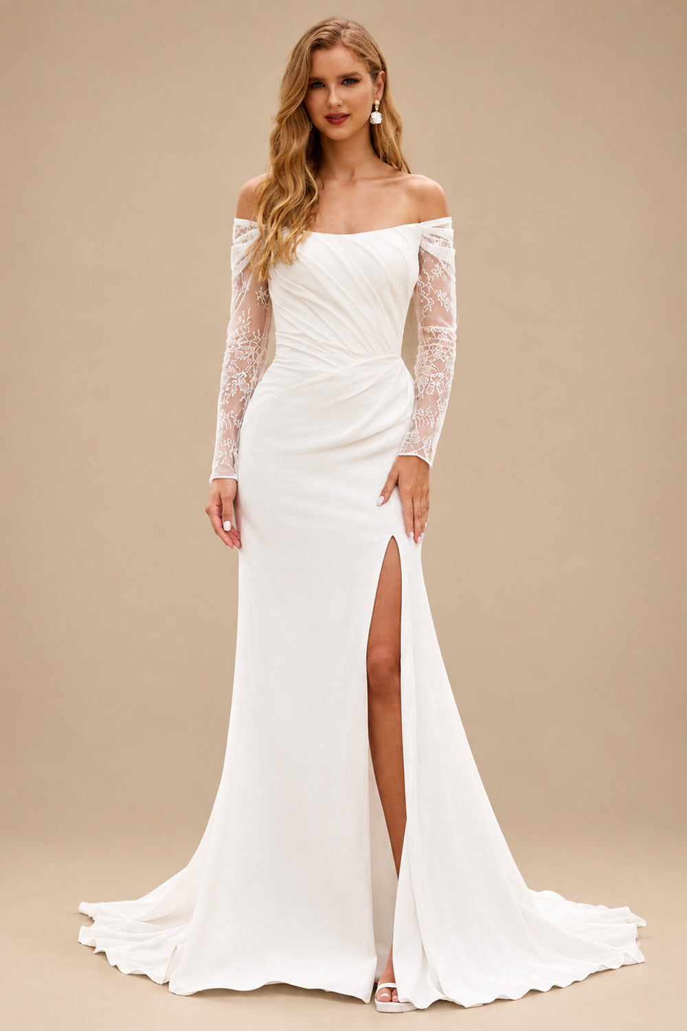Rutipo Ivory Elegant Off-the-Shoulder Stretch Crepe Long Sleeve Wedding Dress with Slit