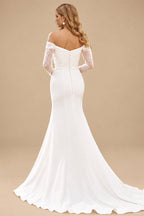 Rutipo Ivory Elegant Off-the-Shoulder Stretch Crepe Long Sleeve Wedding Dress with Slit