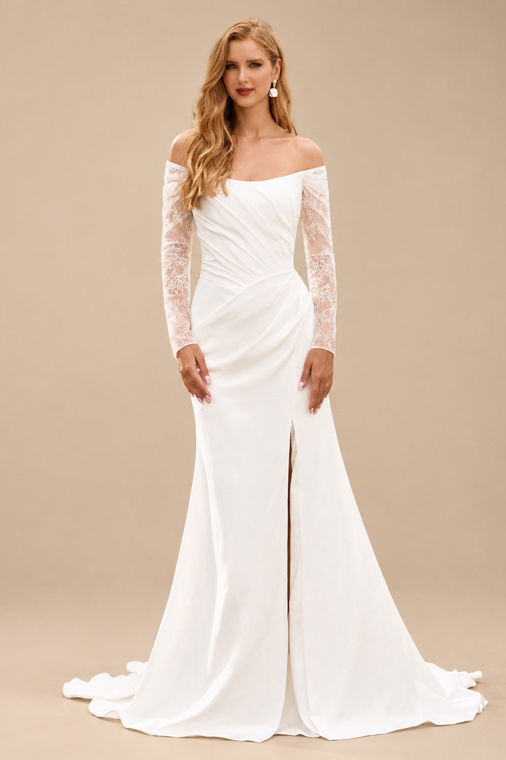 Rutipo Ivory Elegant Off-the-Shoulder Stretch Crepe Long Sleeve Wedding Dress with Slit
