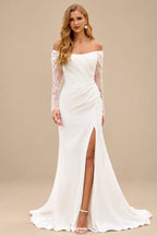 Rutipo Ivory Elegant Off-the-Shoulder Stretch Crepe Long Sleeve Wedding Dress with Slit